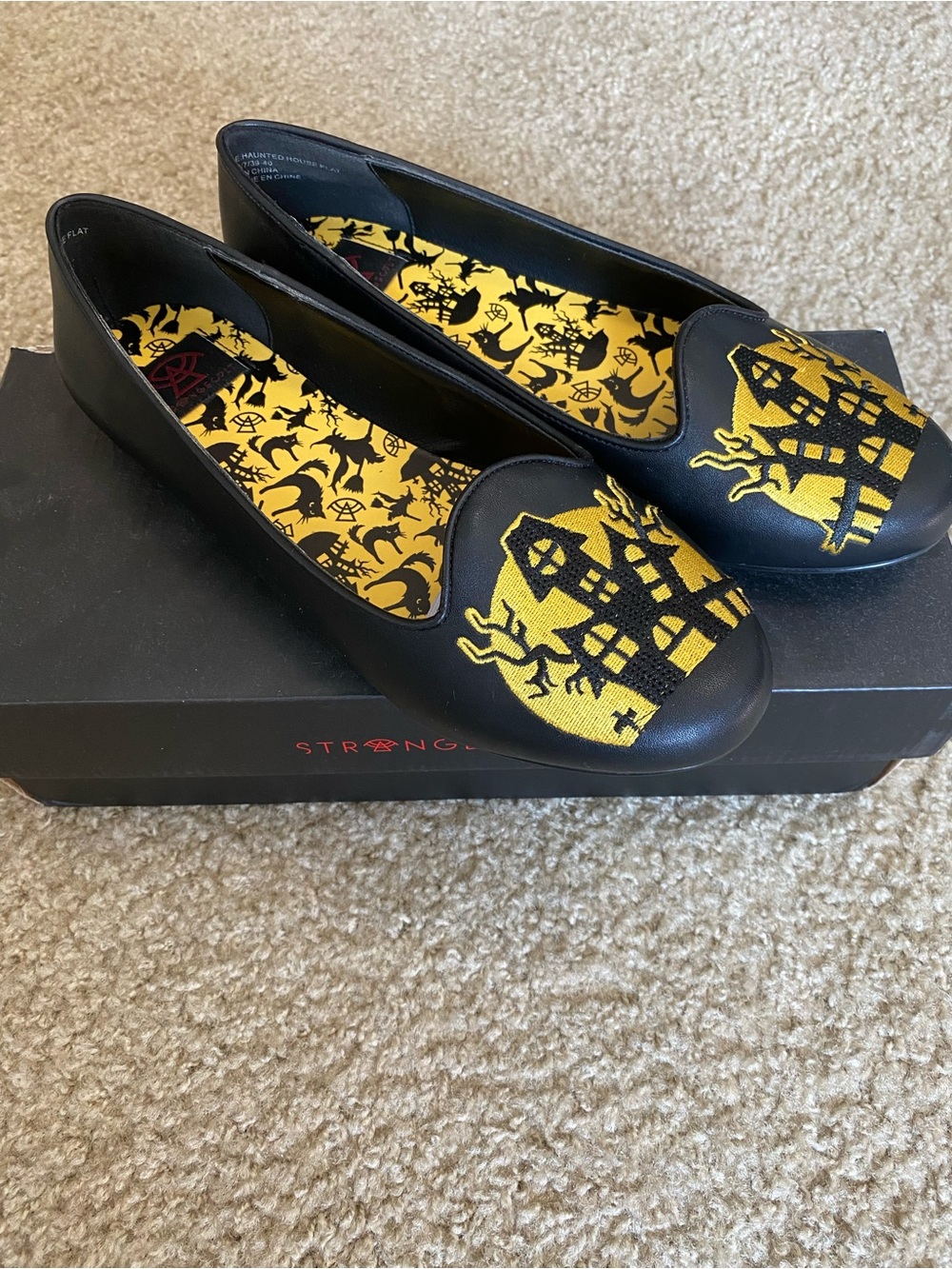 Black Flats with Yellow Haunted House Embroidery by STRANGE